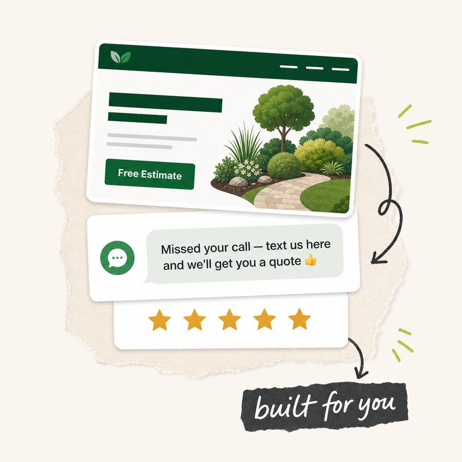 Website, missed-call text-back message and review stars stacked, labeled built for you